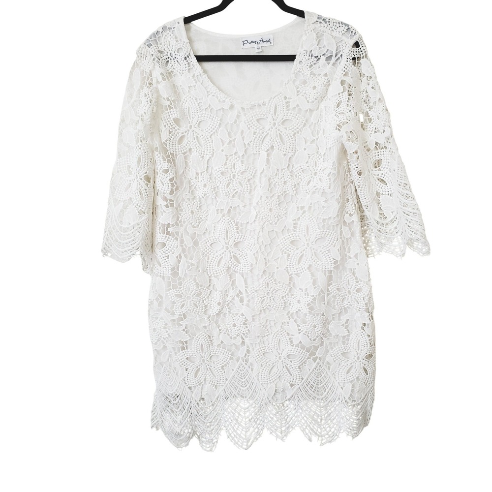 Pretty Angel White Lace 3/4 Sleeve Dress Women Medium Boho Romantic Feminine